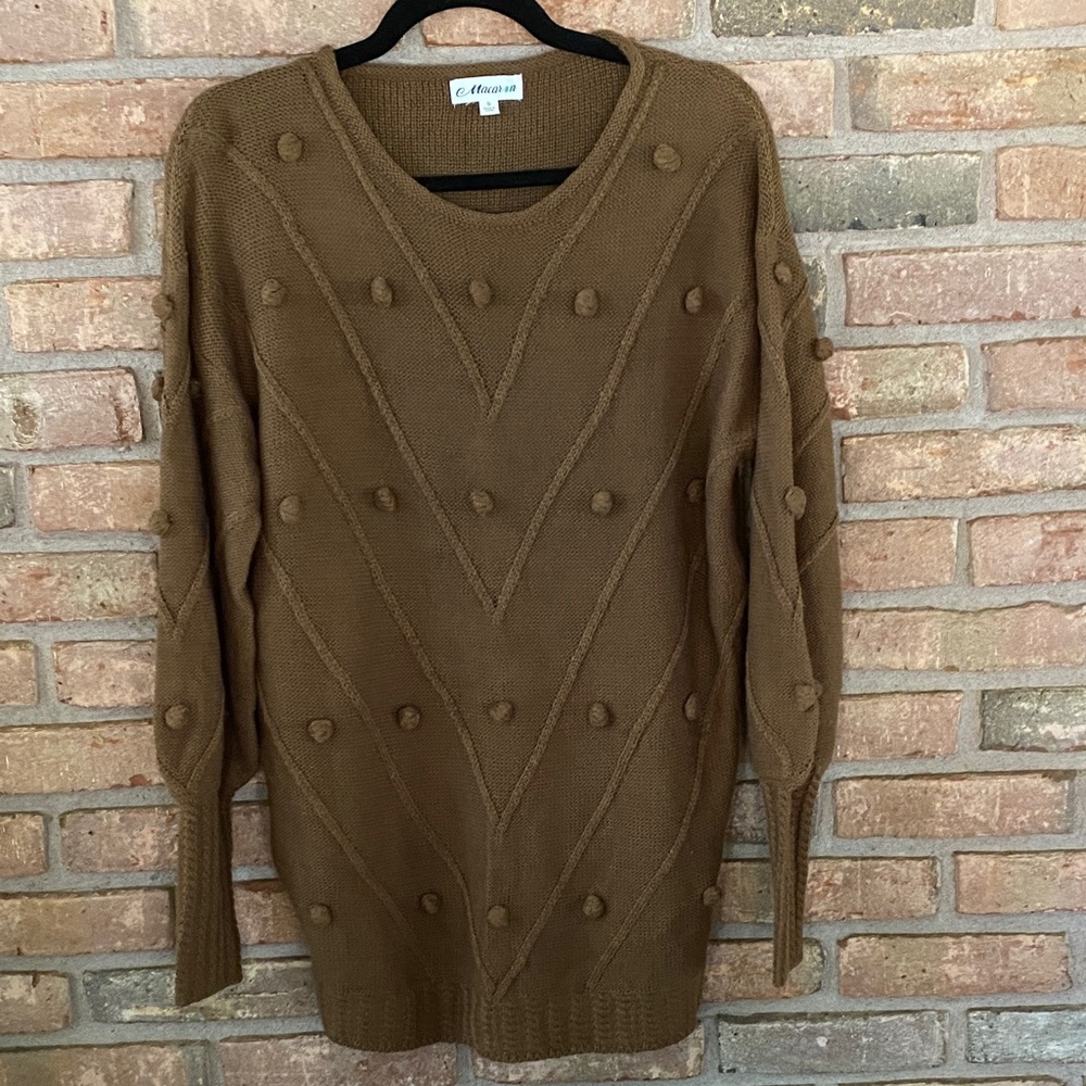 MACARON Brown Sweater with Pom-Pom Design Oversized Small NWOT